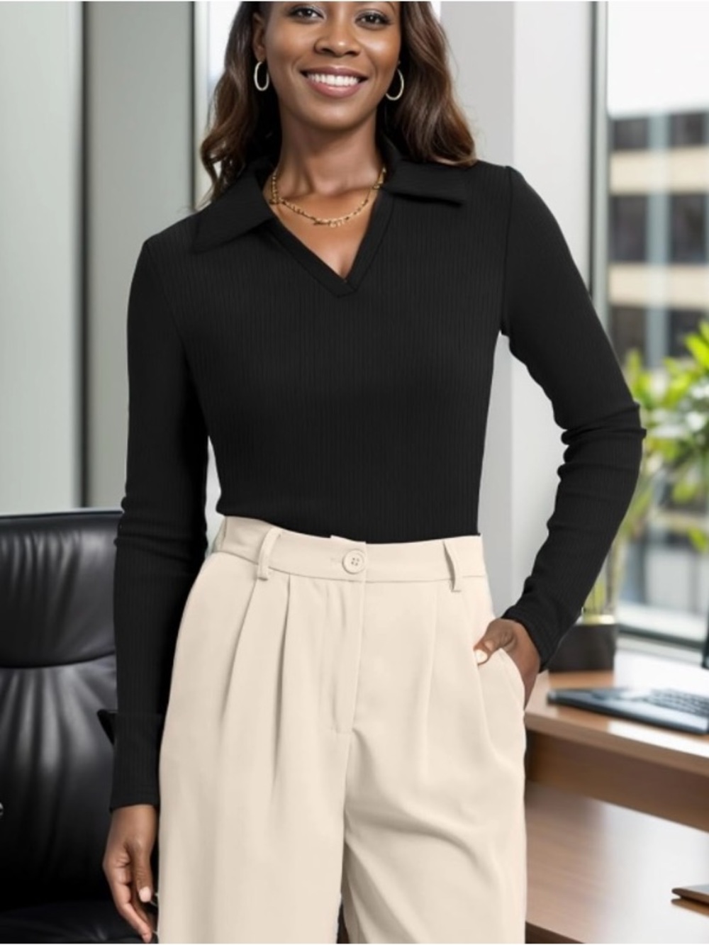 🎉Slim-fit long-sleeve polo, collared knit top V-neck businesscasual essentials. - Picture 10 of 12